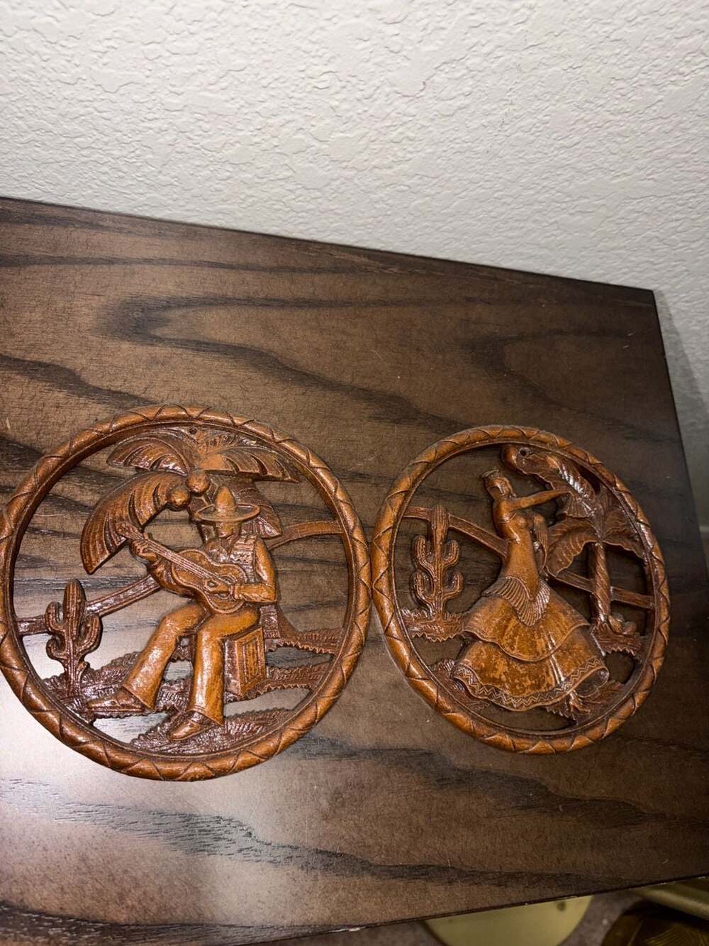 Vintage Mid-Century Mexican Folk Art Carved Wood Wall Plaques Set of 2